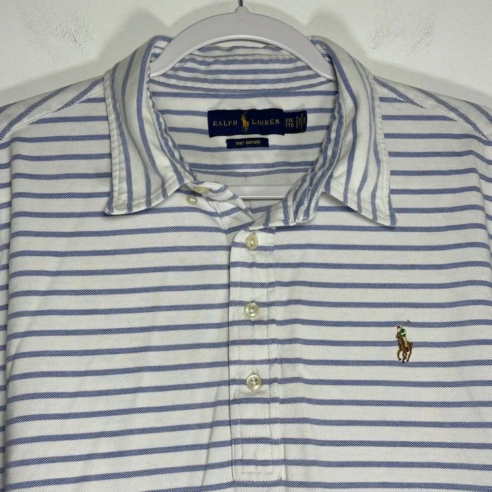 Ralph Lauren Knit Oxford Polo‎ Shirt Mens XXL Blue White Striped Short Sleeve